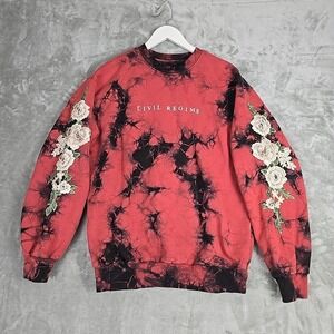 Civil Regime Mens Marble Embroidered Roses Crewneck Sweatshirt Medium Red Black